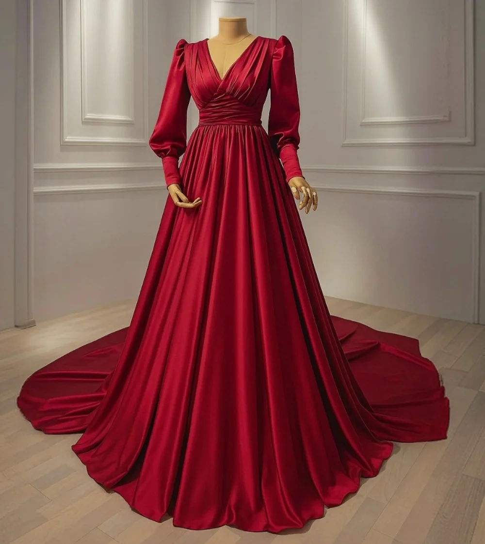 

Customized Charmeuse Pleat V-neck A-line Floor-length Bespoke Occasion Dress Woman Elegant Party Wedding High Quality Evening