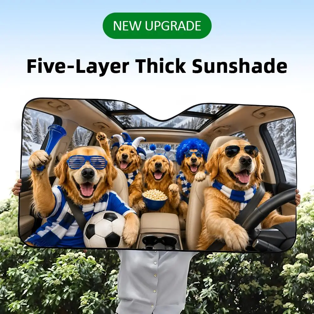A five-layer thick car windshield sunshade with a funny graphic print of Golden Retriever dogs throwing a soccer party.