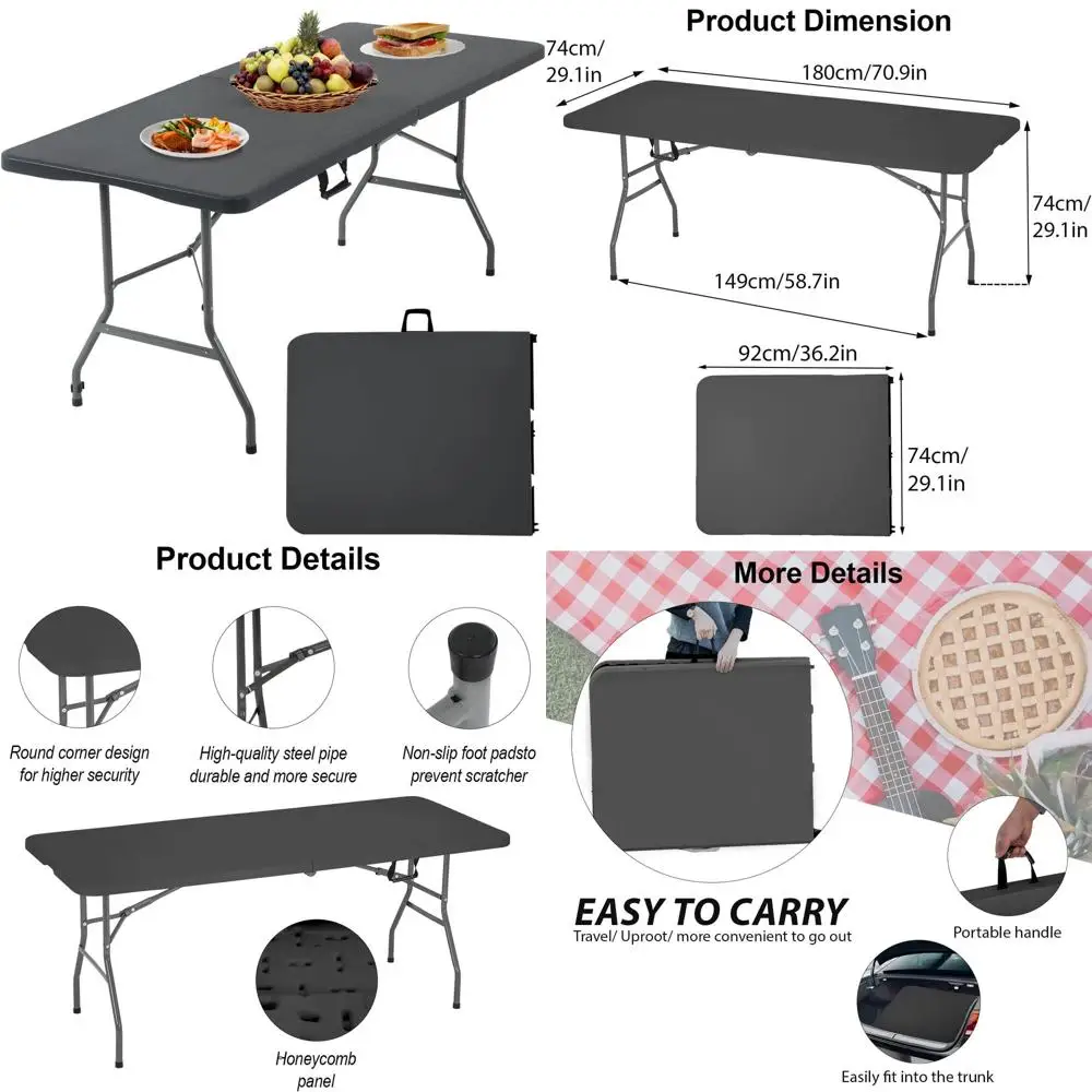 

Портативный складной пластиковый стол 6 футов для кемпинга, пикников, барбекю и вечеринок — легкий, прочный, черный