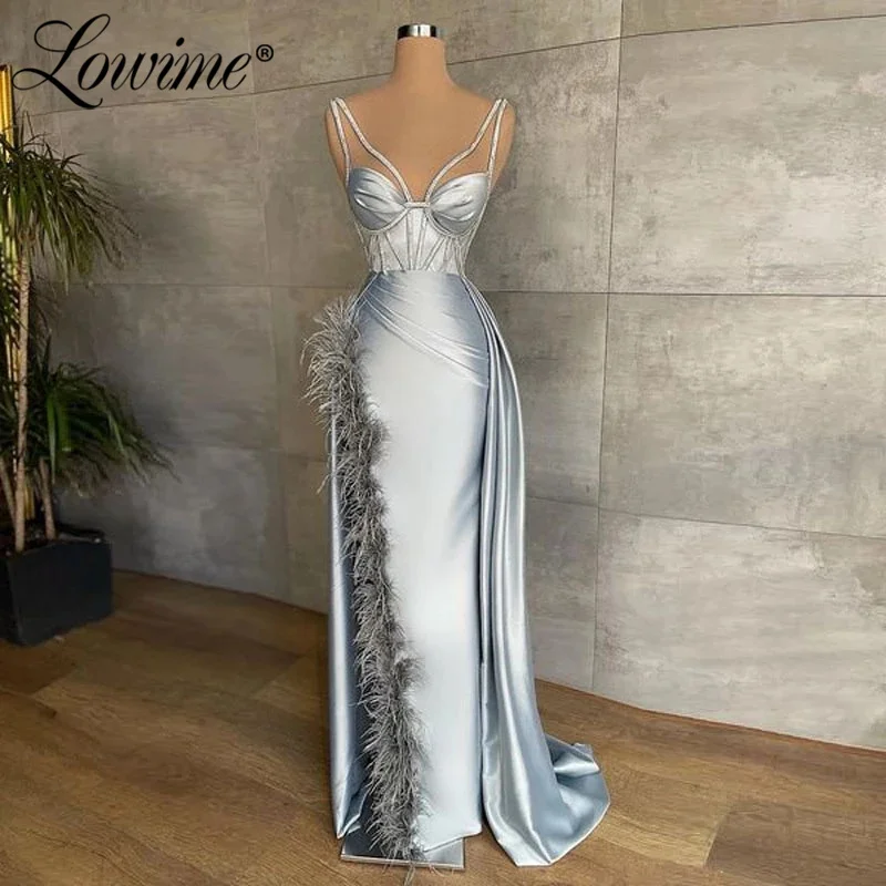 Lowime robe prata v pescoço sexy vestidos de festa longo sereia penas vestidos de noite robes vestidos de baile de formatura vestidos de fiesta mais tamanho