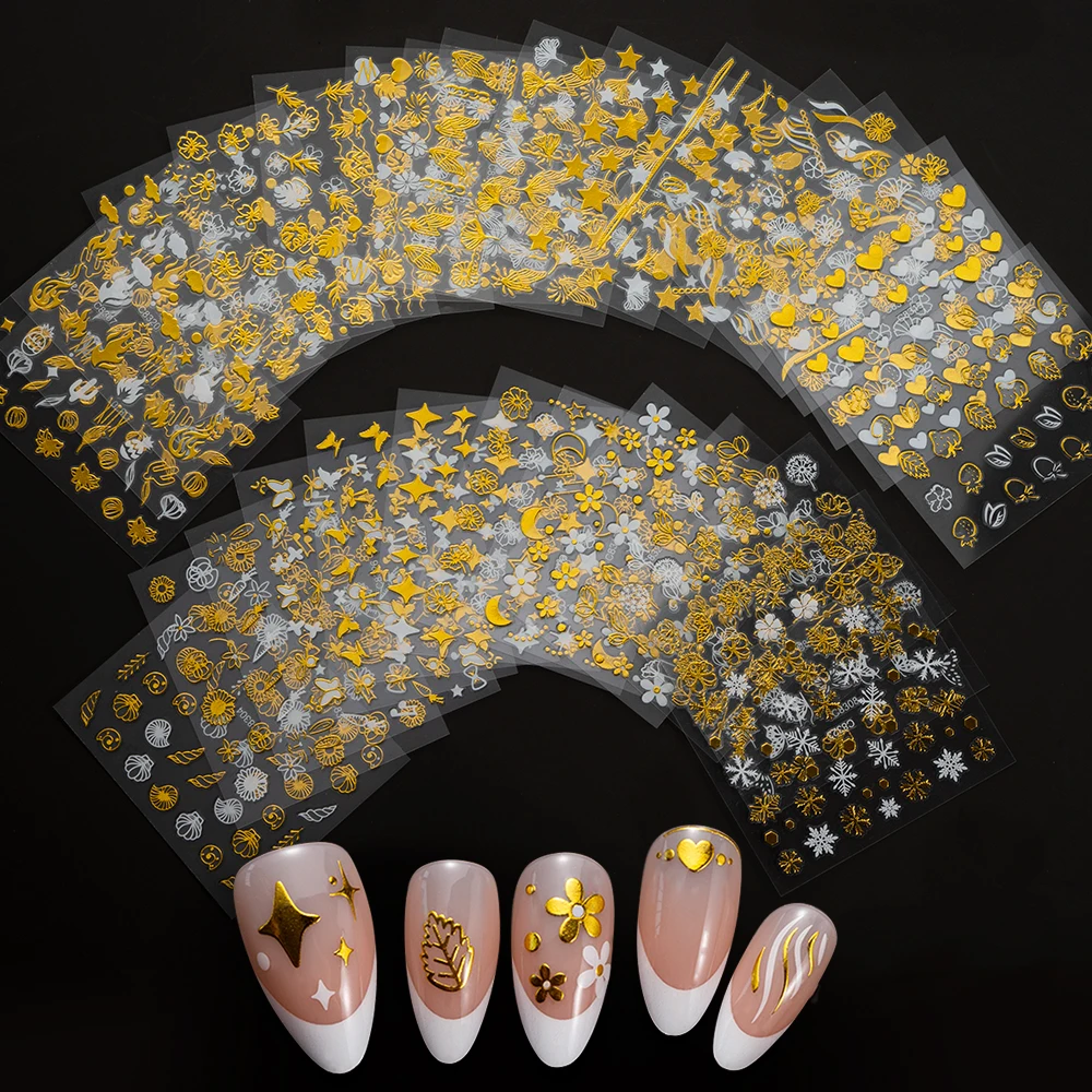 30 Stks/set 3d Bronzing Gouden Diamant Nail Stickers Geometrische Lijnen Streep Zelfklevende Emblemen Bloem Sliders Voor Nail Art Decoratie