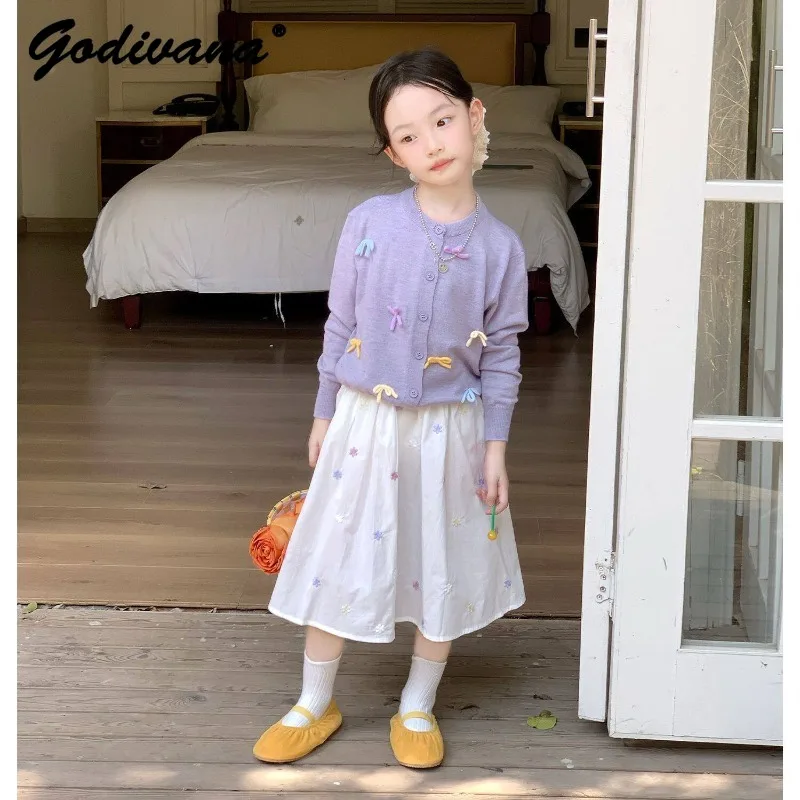 

Little Girl Sweet Outfit 2026 Spring Clothes New Baby Girls Bowknot Knit Cardigan Sweater Embroidered Loose Children's Skirt Set