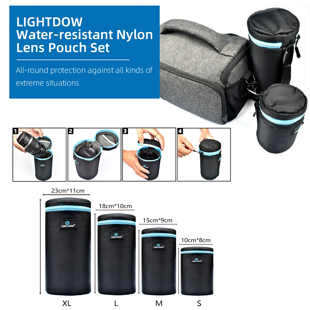 Lightdow-Saco Impermeável Da Lente Da Câmera, Bolsa Protetora Macia DSLR, Carry Case, S, M, L, XL