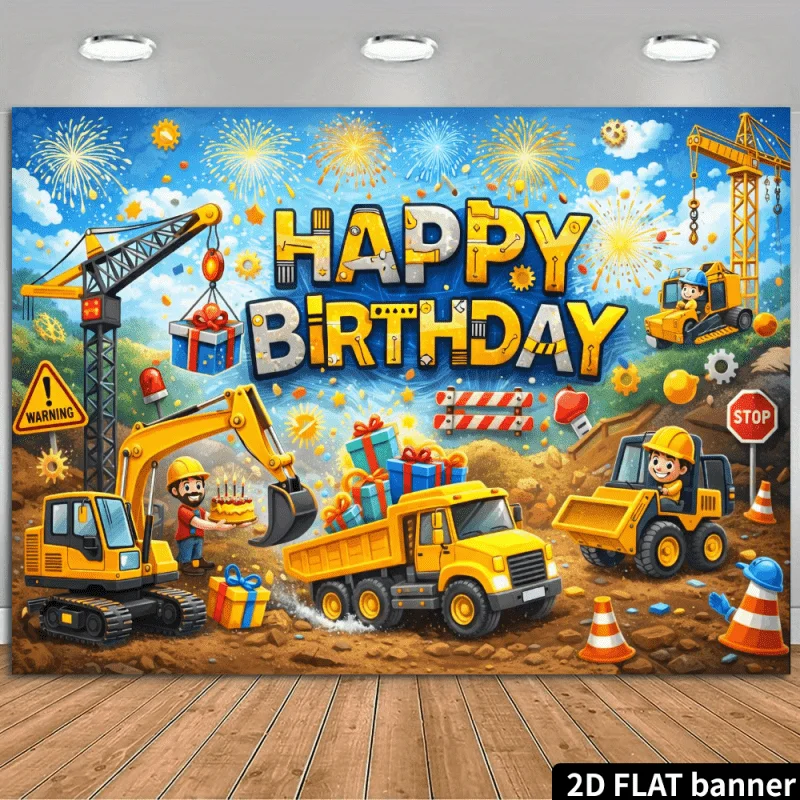 Construction Truck Excavator Happy Birthday Boy 2D Flat Tapestry Backdrop For Kids Party Decor Engineering Wall Hanging Art