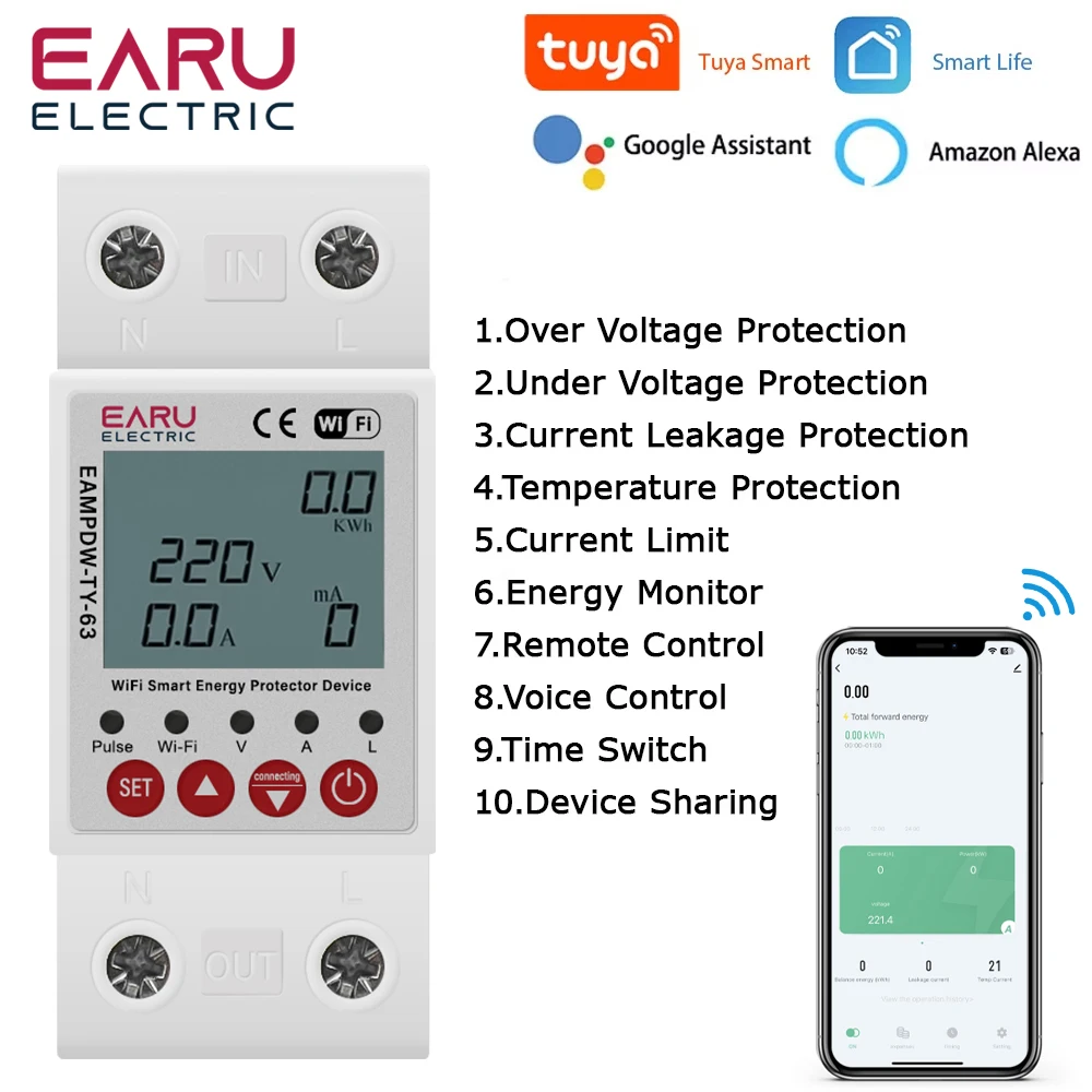 2P 63A TUYA WiFi Smart Earth Leakage Over Under Voltage Protector Relay Device Switch Breaker Energy Power kWh Meter Smart Life