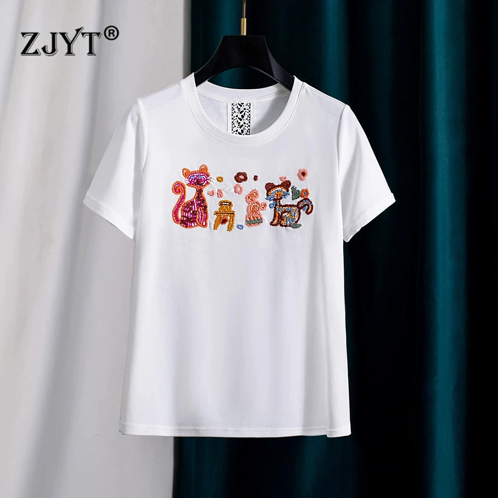 

Женские футболки ZJYT с вышивкой, белые хлопковые майки, высококачественные летние модные повседневные топы с коротким рукавом, женские футболки с мультяшным принтом