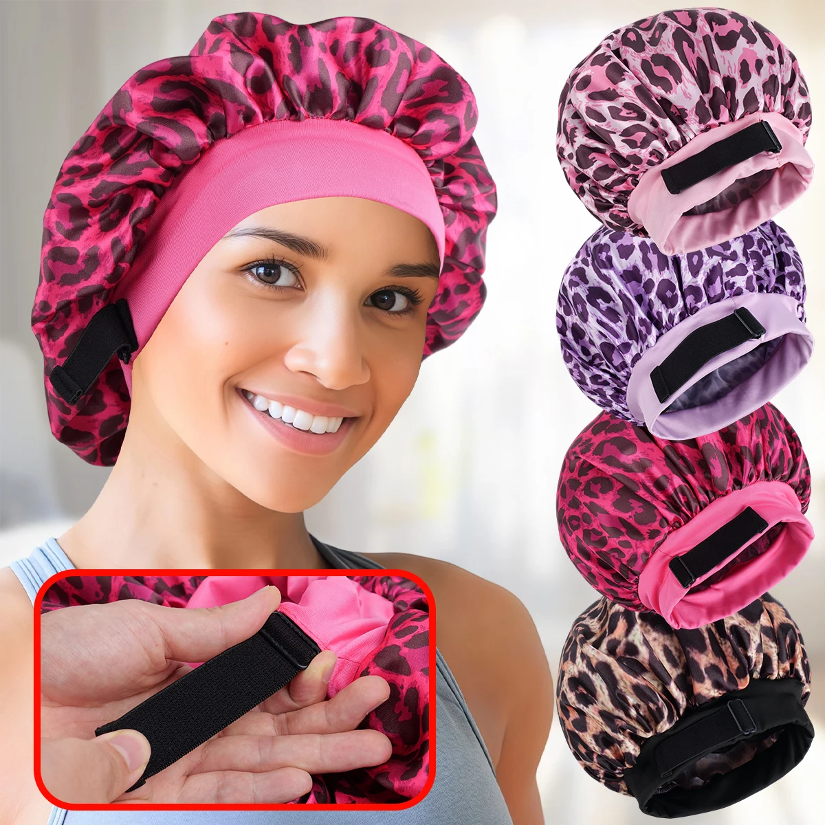 Unisex Adjustable Leopard Print Satin Sleep Cap Soft Breathable Night Hat for Various Head Sizes with Large Opening
