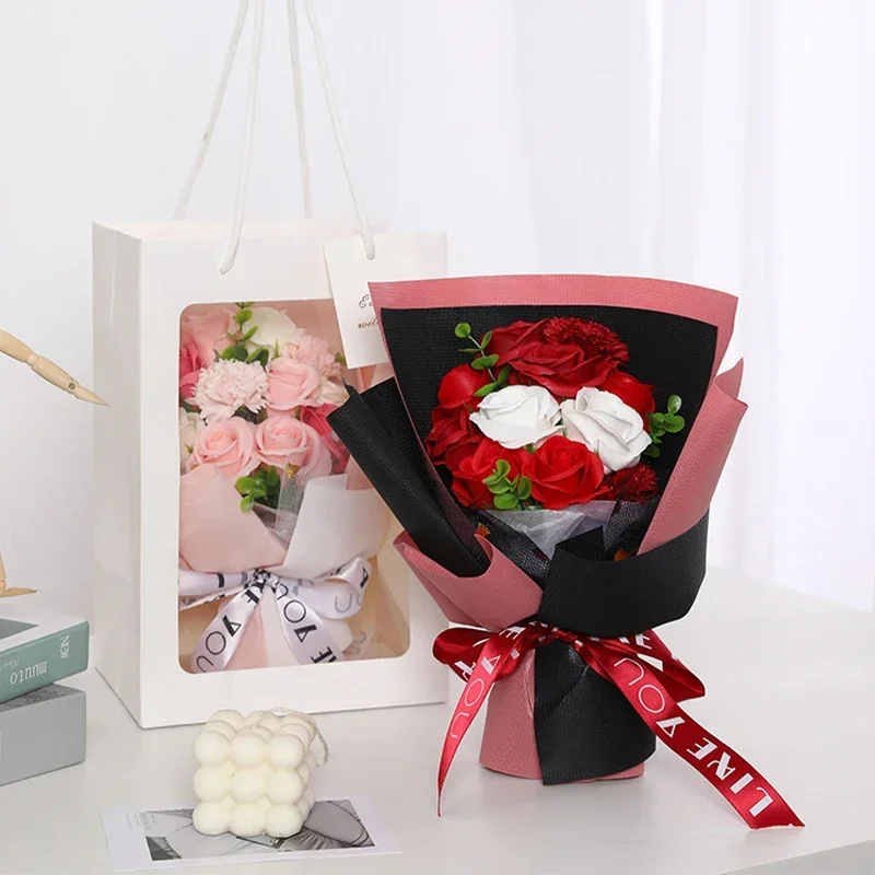 Artificial Soap Flower Preserved Bouquet Pink Rose Realistic for Mothers Day Valentines Day Anniversary Romantic Gift Decoration