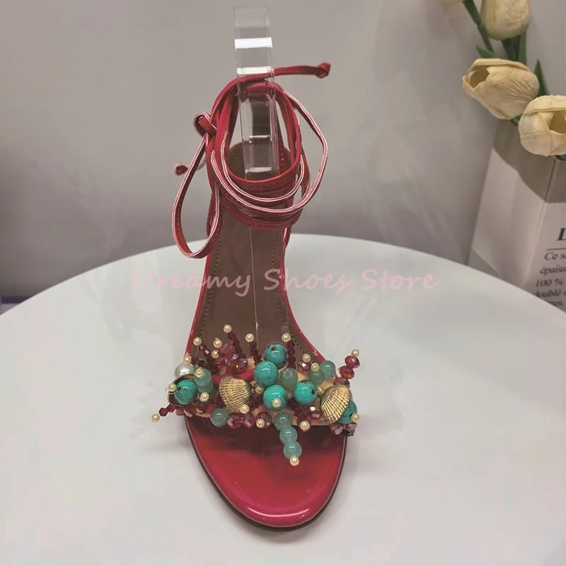 Pink Shell Pearl Bead Decor Open Toe Stiletto Sandals Women Lace Up Patent Leather High Heels Fashion Trendy Beach Vacation Shoe