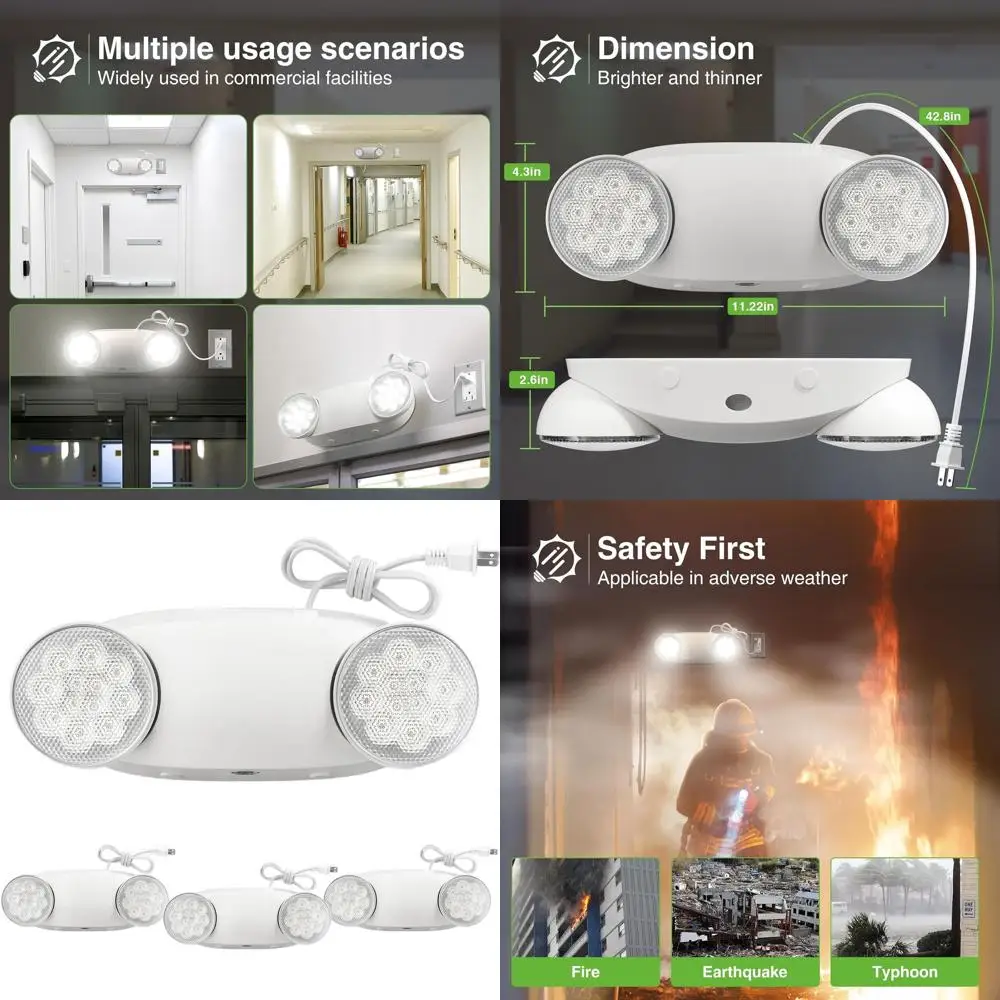 

4-Pk LED Emergency Lights, 120V AC, Adjustable, Battery Backup, Commercial Grade, UL Listed, 4-Pin Plug Cord