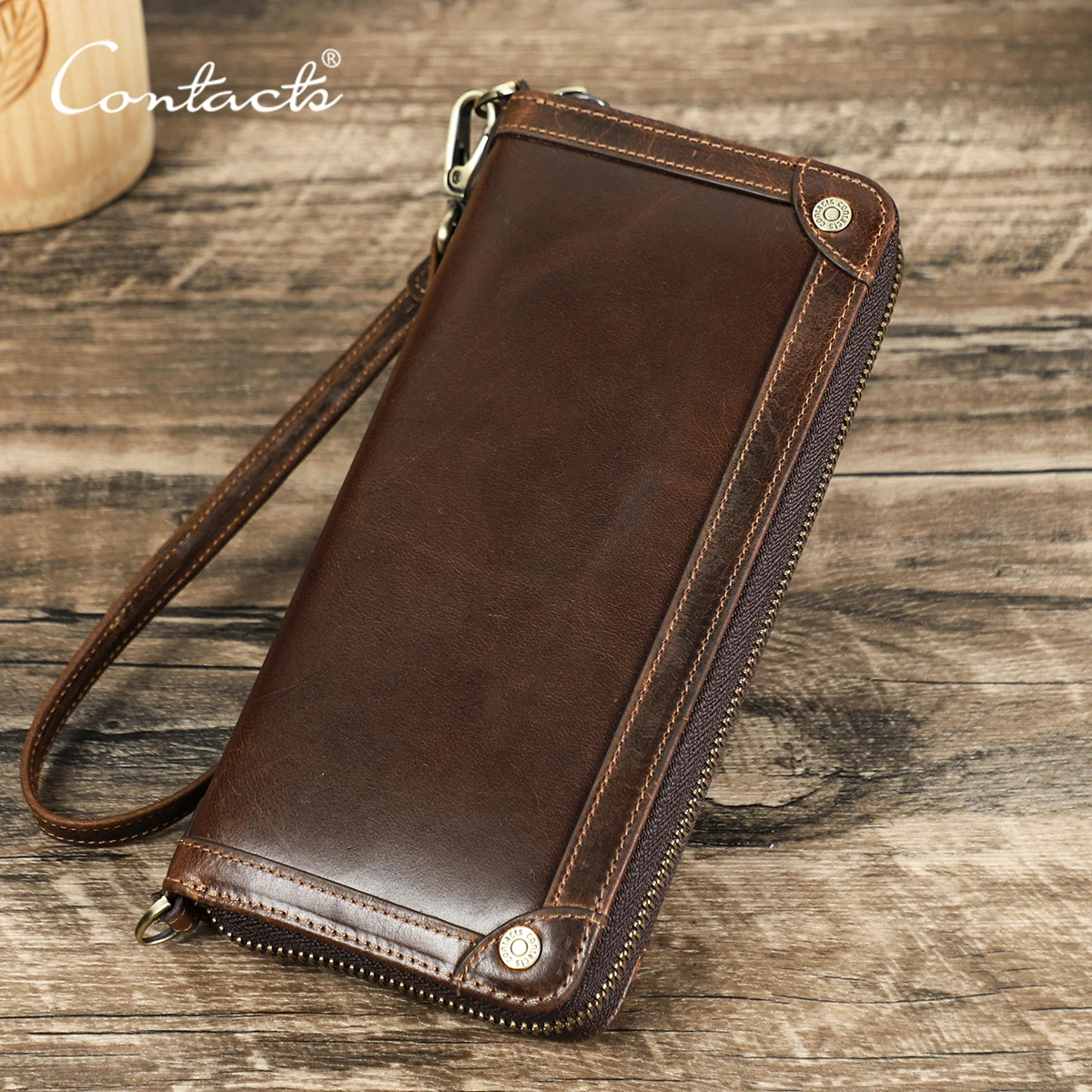 CONTACT'S Genuine Leather Men Long Wallet Large Capacity Male Clutch Zipper Coin Cellphone Pocket Card Holder Casual Purse