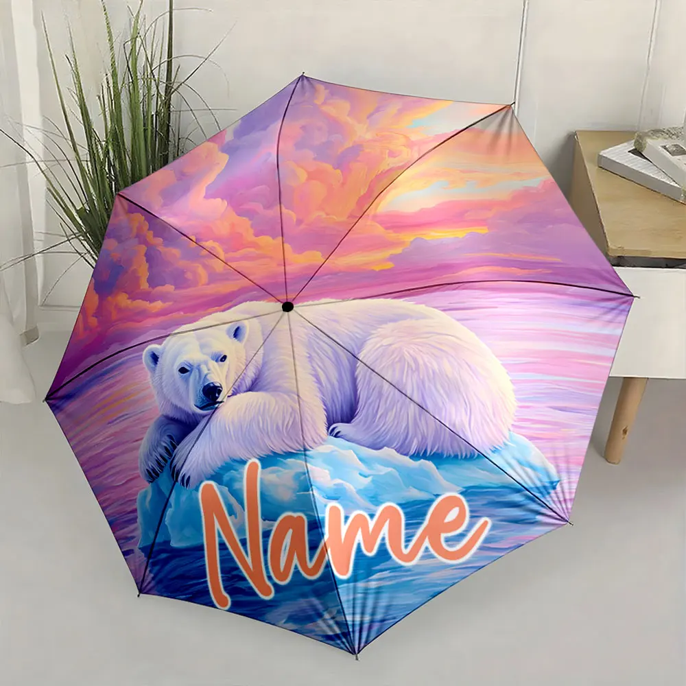Custom Name Polar Bear Umbrella with Stunning Sunset Colors Print 8 Iron Ribs Folding Umbrella, Auto-Open Fashion Sunshade