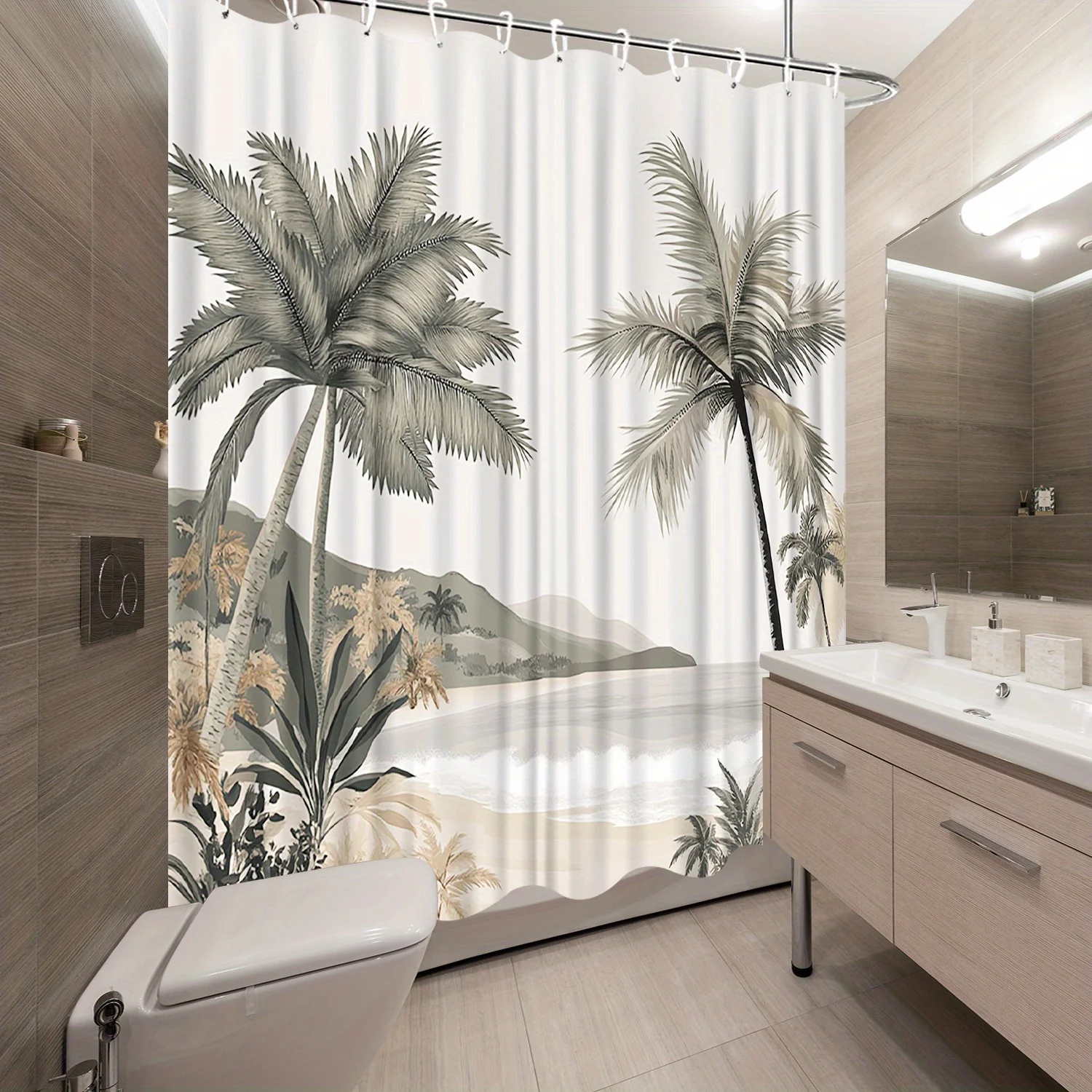 Vintage Sepia Tropical Beach Shower Curtain - Palm Trees & Ocean View, Serene Scene, Digital Drawing，Coastal/Boho Decor