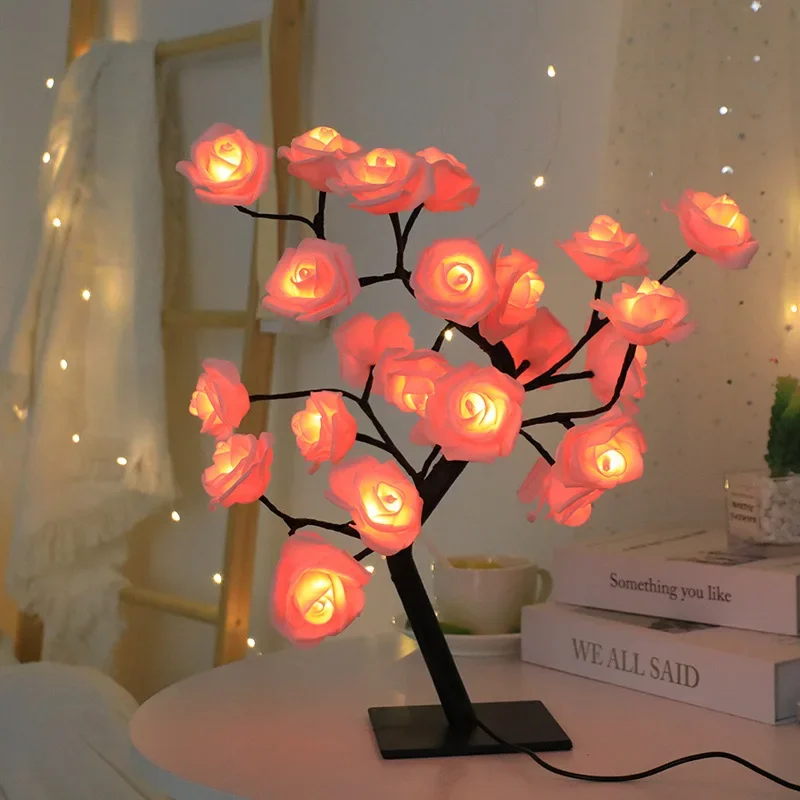 24 Heads pink Rose Lamps Fairy Desk Table Night Lights USB Operated Gifts  Wedding Valentine proposal Christmas Decoration