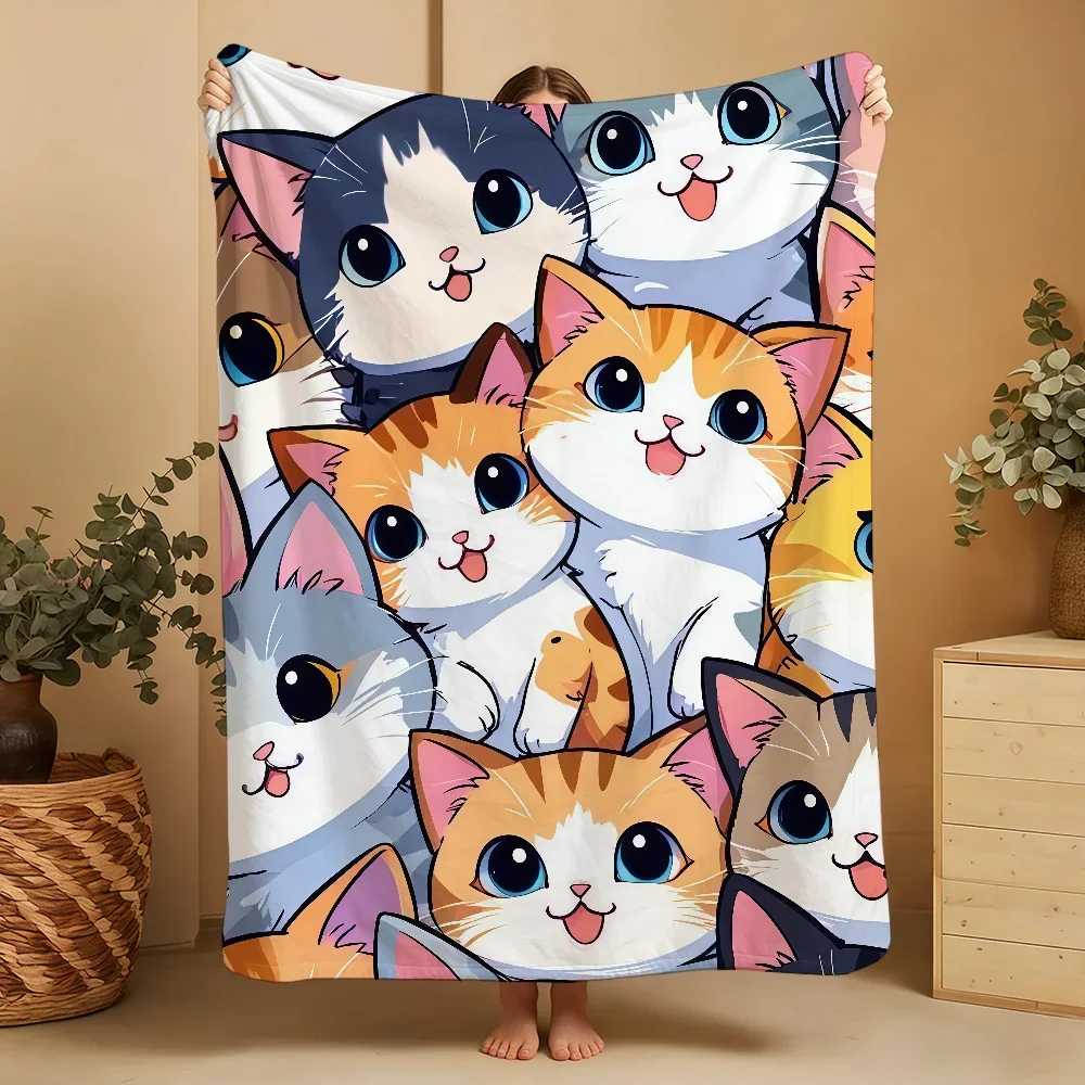 Cute Cat Face Print Throw Blanket Cozy Pet Lover Gift for Couch Decor Home Accent Throw 150x230cm