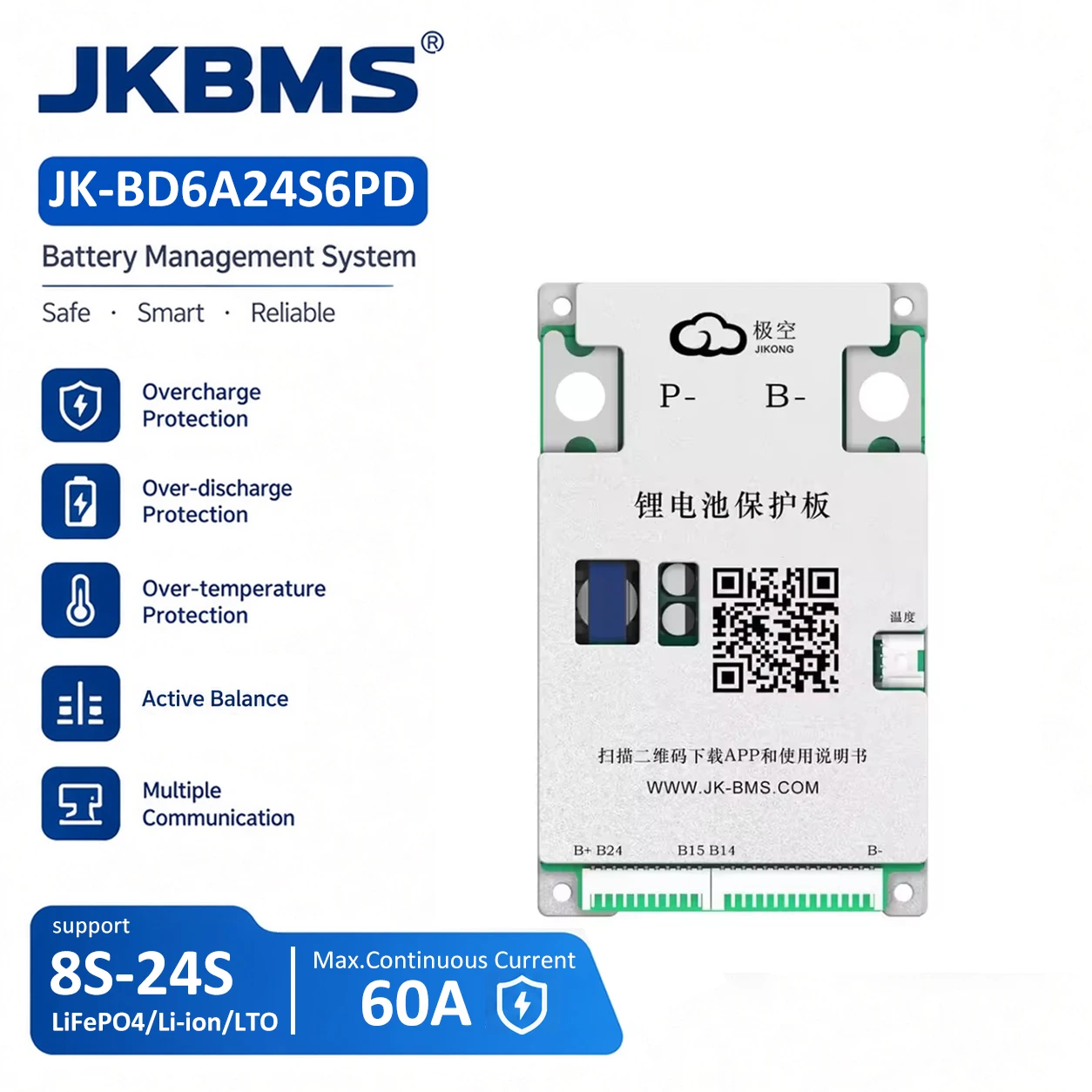 JKBMS JK-BD6A24S6PD 60A JIKONG Smart BMS 8S-24S Active Balancer for LiFePO4 Li-ion LTO 18650 21700 Battery 24V 48V 72V