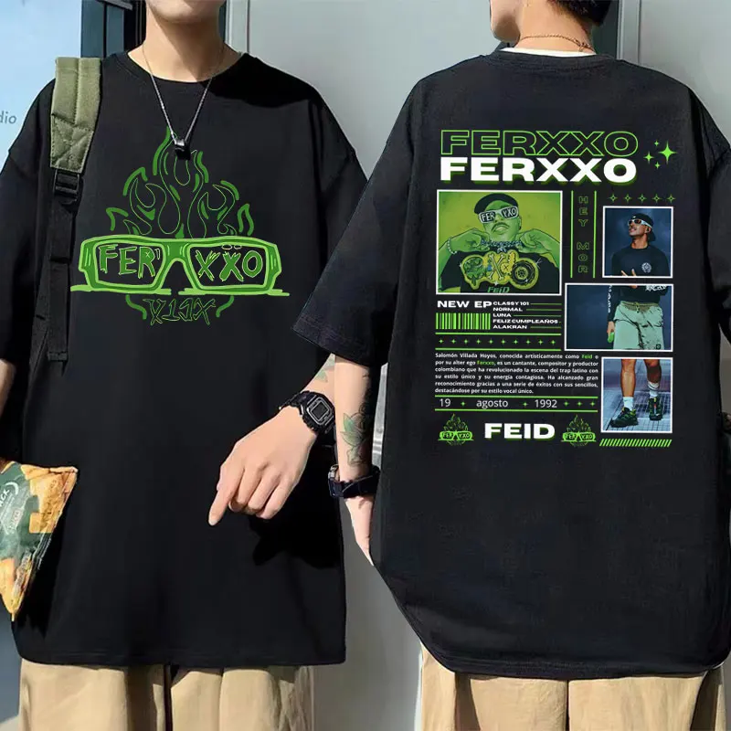 

Футболка Rapper Feid Ferxxo с двусторонним принтом для мужчин и женщин, летняя футболка большого размера, мужская повседневная футболка в стиле хип-хоп, винтажная уличная одежда