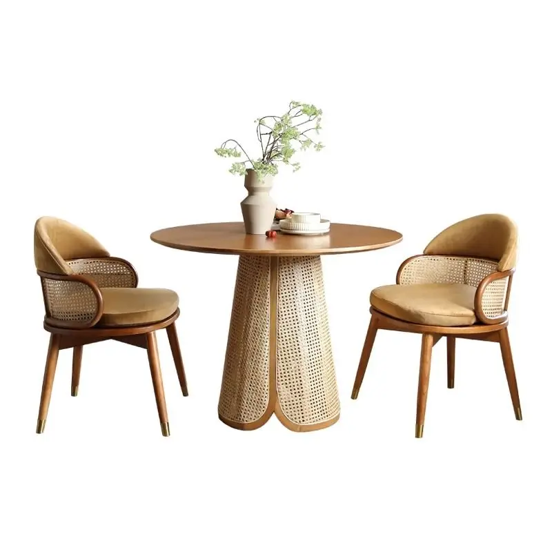 

Solid wood round table household modern simple rattan dining table and chair combination