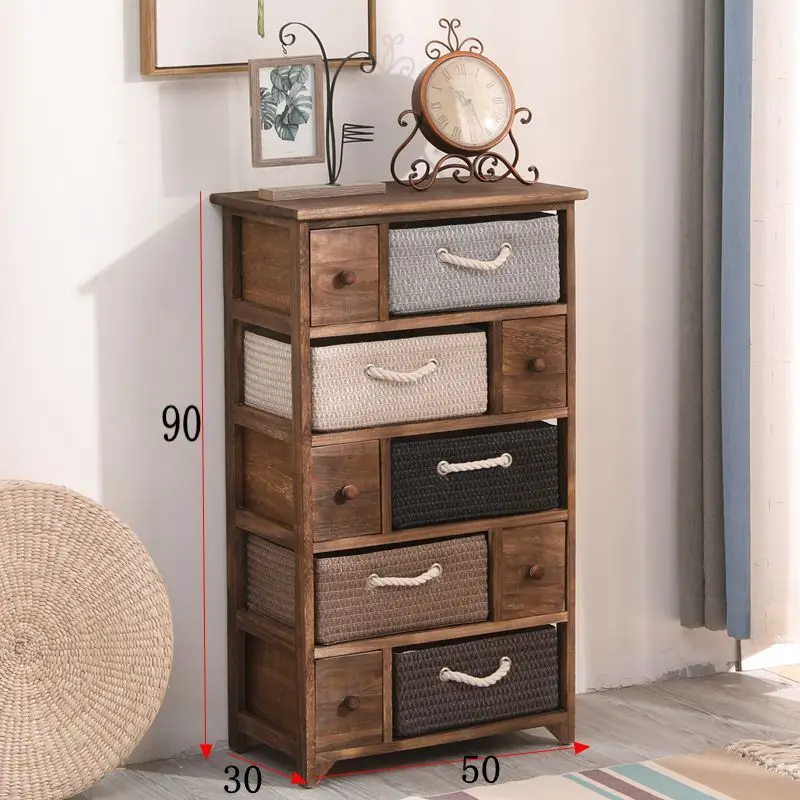 

Vintage solid wood bedside cabinet, minimalist bedroom bedside , simple storage cabinet, bucket, pastoral rattan