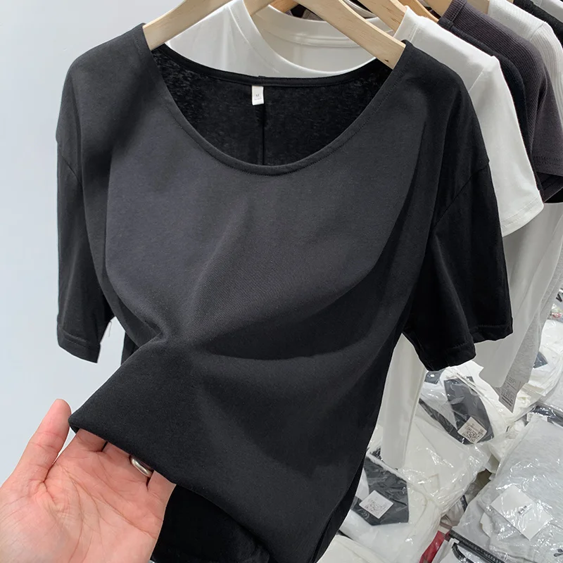 Large Size Loose Split Hem Mid-length T-shirt Women Summer Casual White Short Sleeve Basic Tops Minimalist Style Cotton Tshirt