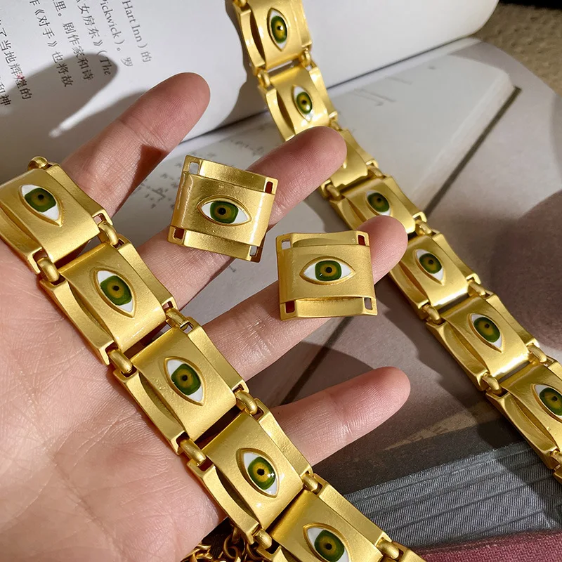 Orecchini a forma di occhio del diavolo quadrato Color oro opaco girocollo per gioielli in metallo Vintage con catena da collo per ragazze da donna