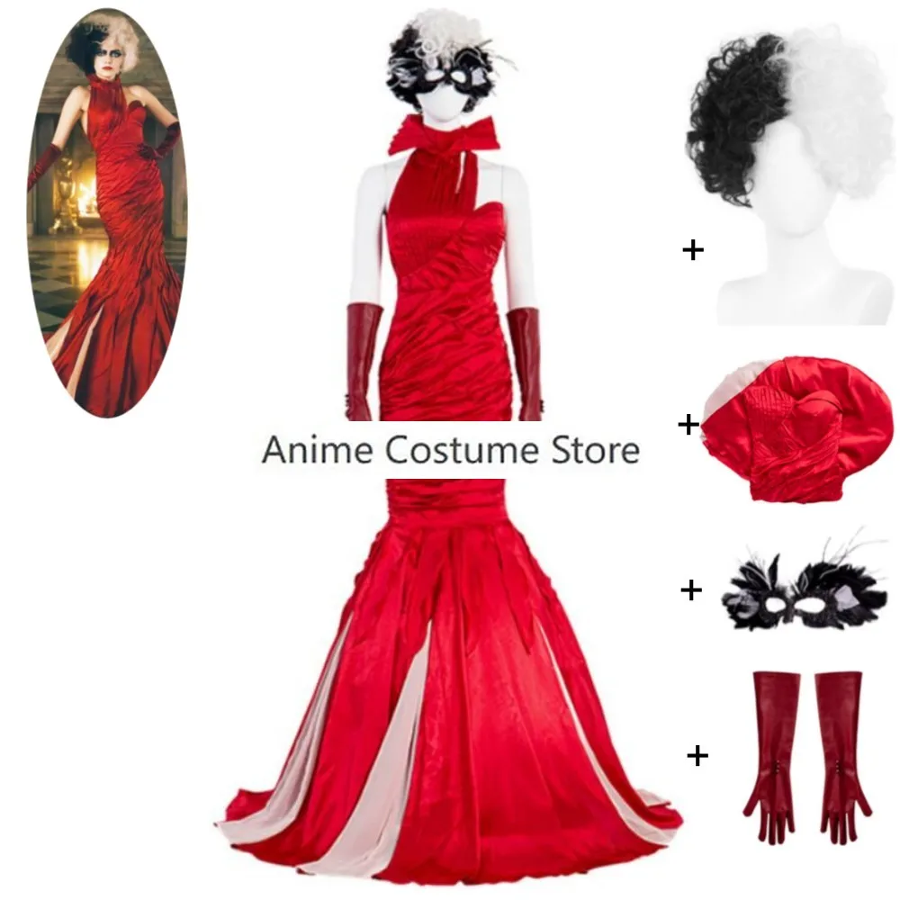 Anime Movie 101 Dalmatians Cruella De Vil Cosplay Costume Wig Black White Witch Red Dress Sexy Woman Outfits Hallowen Suit