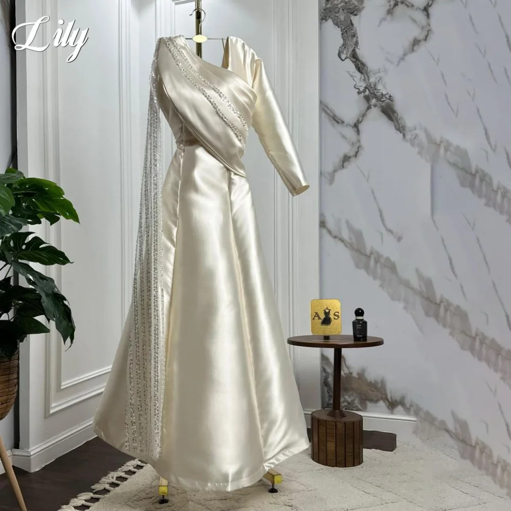 

Lily Ivory Evening Gown V-Neck Prom Dress A-Line Pleats Satin with Sequins Party Dresses Full Sleeve robes de soirée Customized