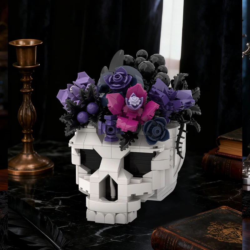

516 шт., череп, цветок, строительные блоки, ужас, цветочный горшок, черная, фиолетовая роза, домашний декор, кирпичи, игрушка, подарок для взрослых