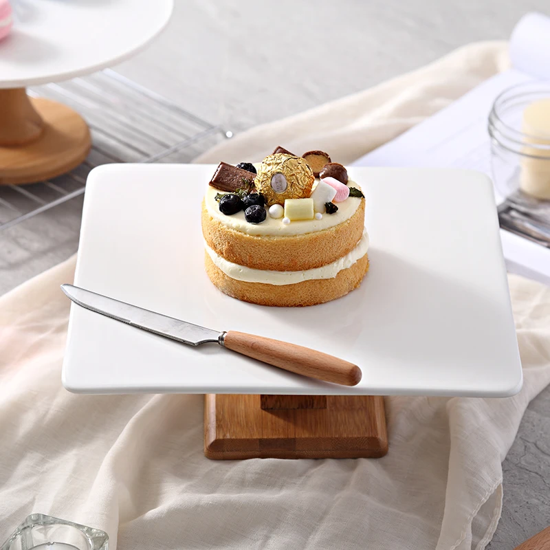 Imagem -04 - Square Ceramic Cake Stand Decorativo Porcelana Madeira Compota Servindo Bandeja Talheres para Pudim Chiffon Muffin Tiramisu 10