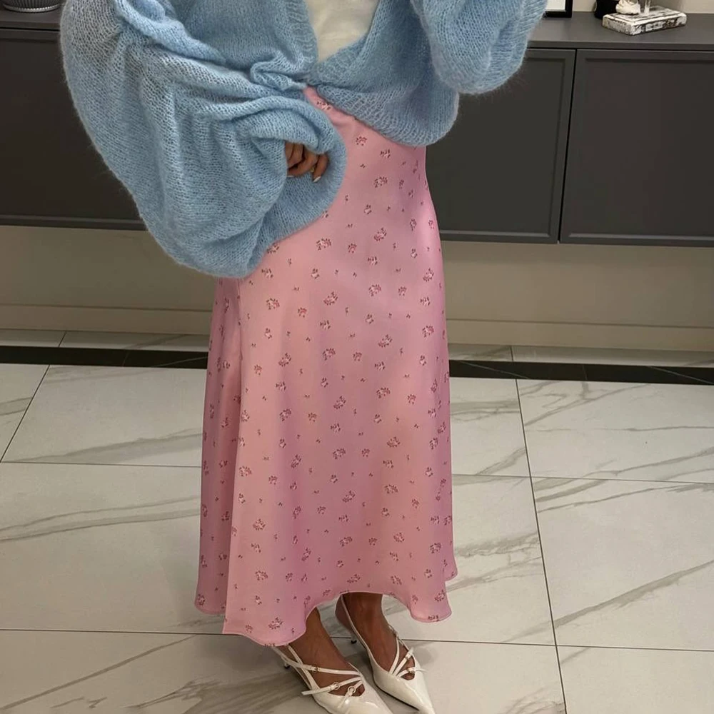 Talenza Satin Printed Long Skirt Summer Women Fashion High Waist A-Line Skirt Casual Office Lady Elegant Female Printed Skirt