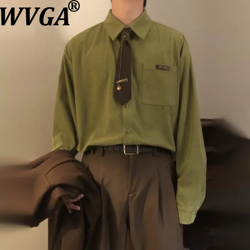 

WVGA Весна Осень Новые Мужчины Прилив Американский Ретро Галстук Студенческий Стиль Модные Однотонные Рубашки Нишевые Шикарные Повседневные Многослойные Топы W18286
