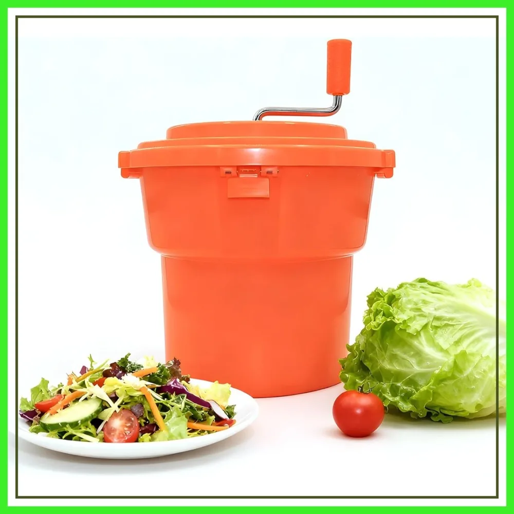 Escurridor de Ensaladas Hakka de 2.5 Galones, Secador Manual Comercial para Lechuga, Vegetales y Frutas (Naranja)