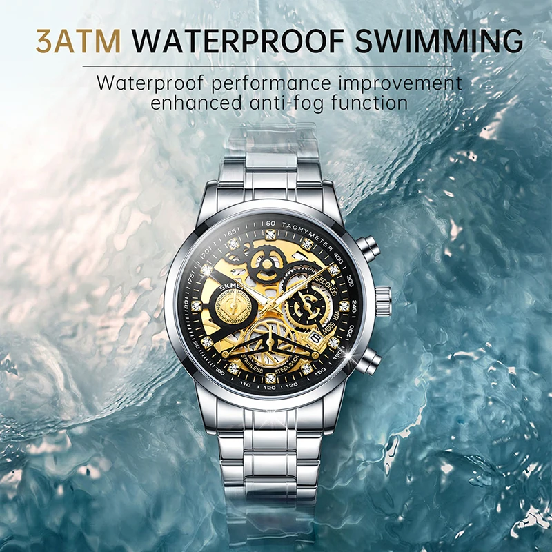 SKMEI, nuevos relojes de pulsera de lujo con tira de acero inoxidable para hombres, diseño de moda, relojes con movimiento de cuarzo, reloj impermeable de ocio 3Bar