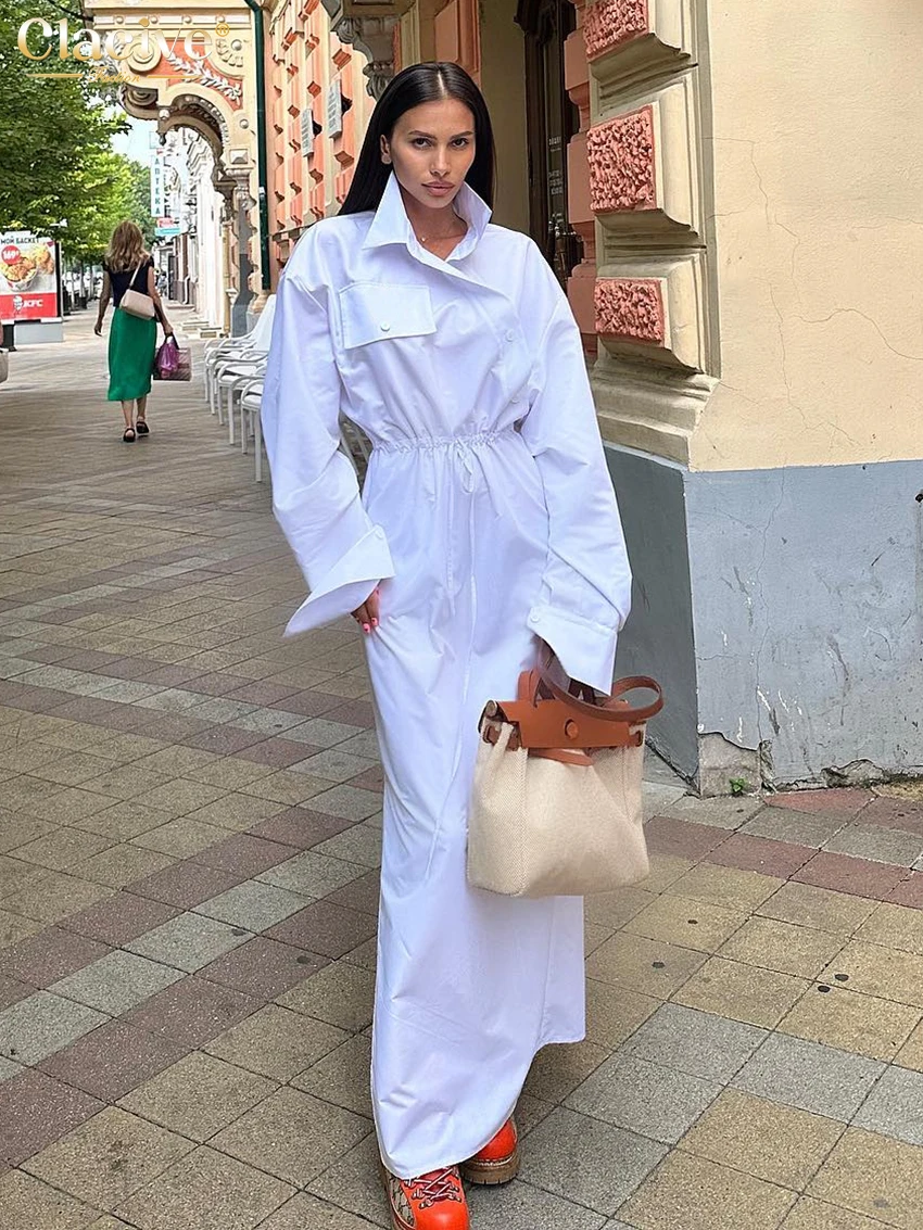 

Clacive Fashion Loose White Cotton Women's Dress Elegant Lapel Long Sleeve Ankle Length Dresses Casual High Waist Female Dress