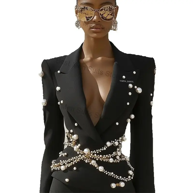 

Pearls Women Suit 1 Piece Blazer Shiny Crystals Cotton Formal Office Jacket Customized Wedding Tuxedos Coat Outfit