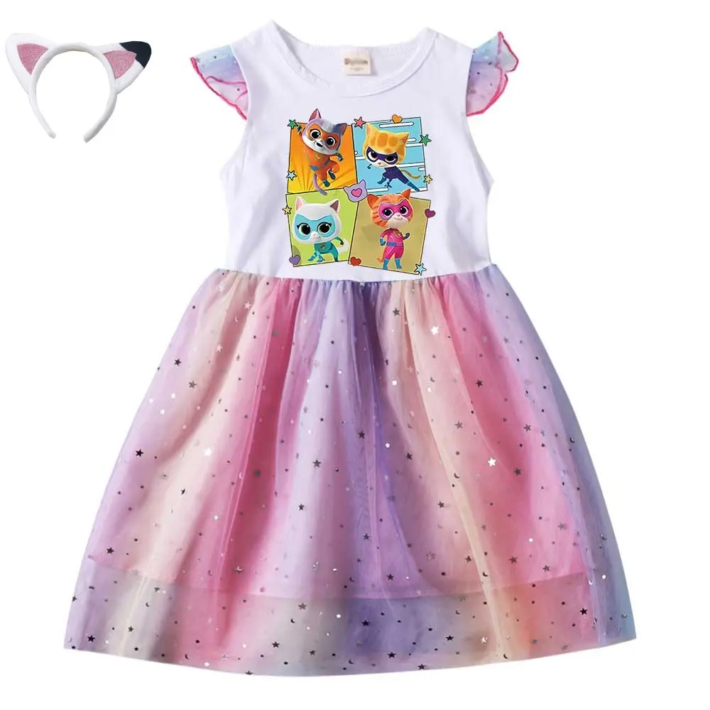 SuperKitties Costume Baby Girls Super Kitties Dress with Headwear Kids Casual Skirts Toddler Girl Short Sleeves A-Line Dresses