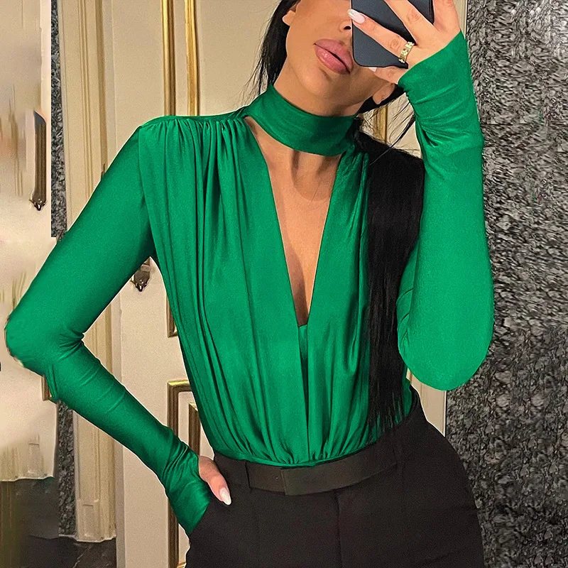 

Women's Sexy V-neck Slim Fit Base Layer Patchwork Long Sleeve Jumpsuit Women Design Tight Fit Elegant One Piece Playsuits Romper