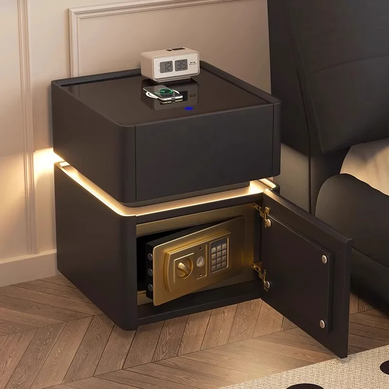 

Minimally designed bedside table with multifunctional wireless charging and bedside safe