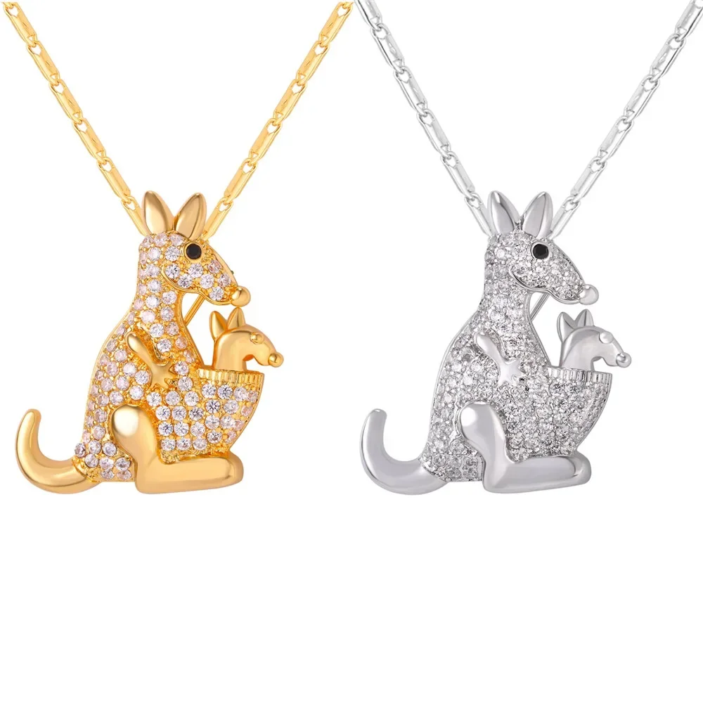 

U7 CZ Kangaroo Necklace for Women Mother and Child Kangaroo White Cubic Zirconia Crystal Pin Animal Charm Jewelry Gift for Her