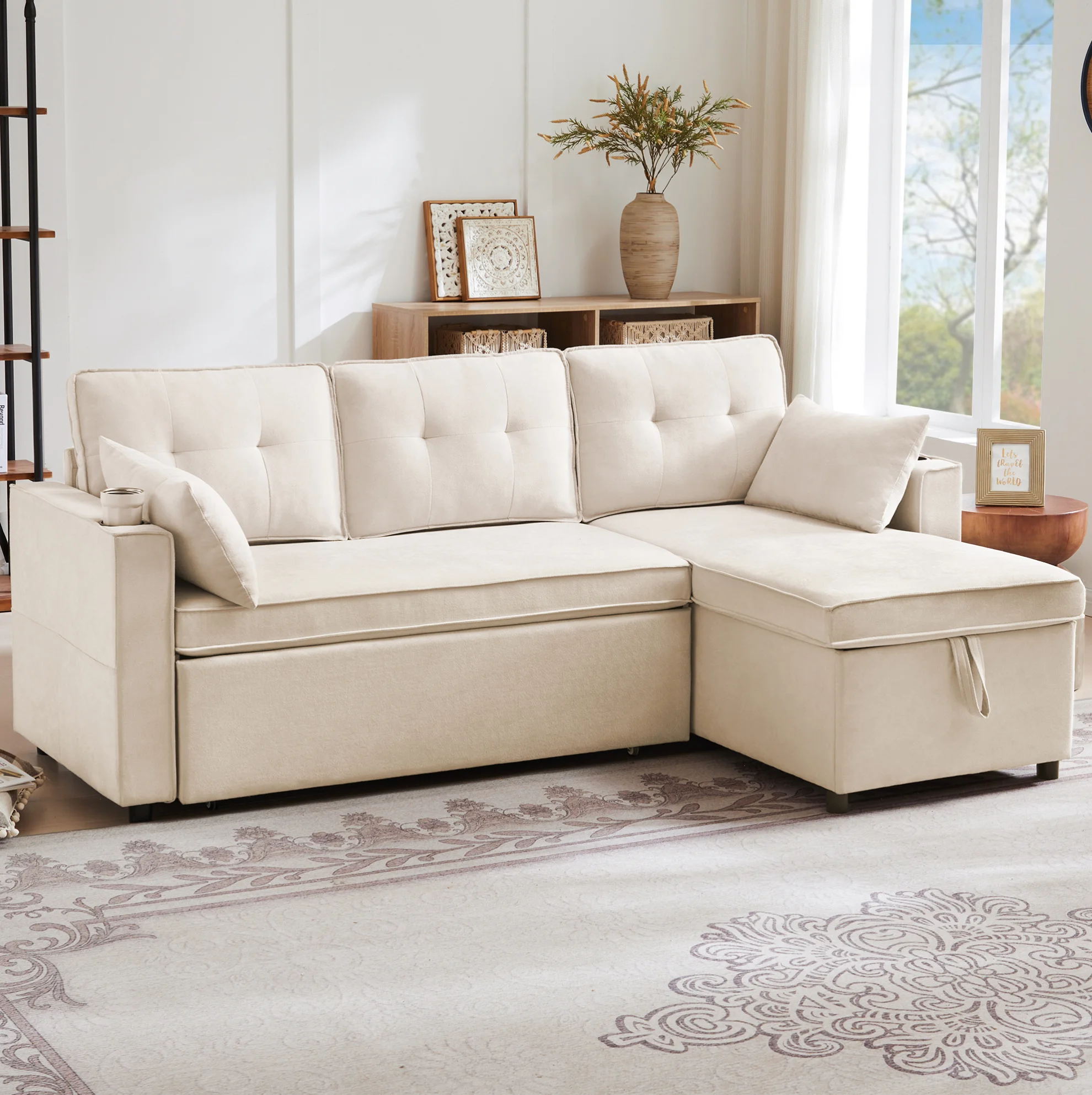 Canapé-lit modulaire en forme de L avec rangement, revêtement en coton et lin, 211x130x86 cm, chaise longue réversible, gris ou beige