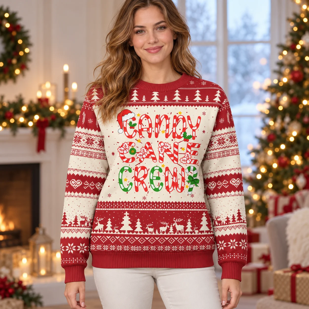 New Couples and Family Ugly Christmas Sweater Coordinated Holiday Prints on Crewneck Sweaters for Festive Gatherings and Photos