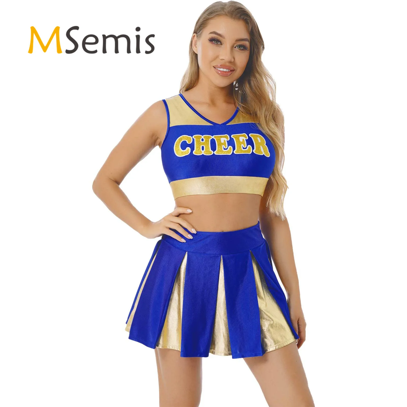 

Womens Cheerleading Uniform Cheerleader Dance Outfit Shiny Letter Printing V Neck Sleeveless Crop Top with Pleated Mini Skirt