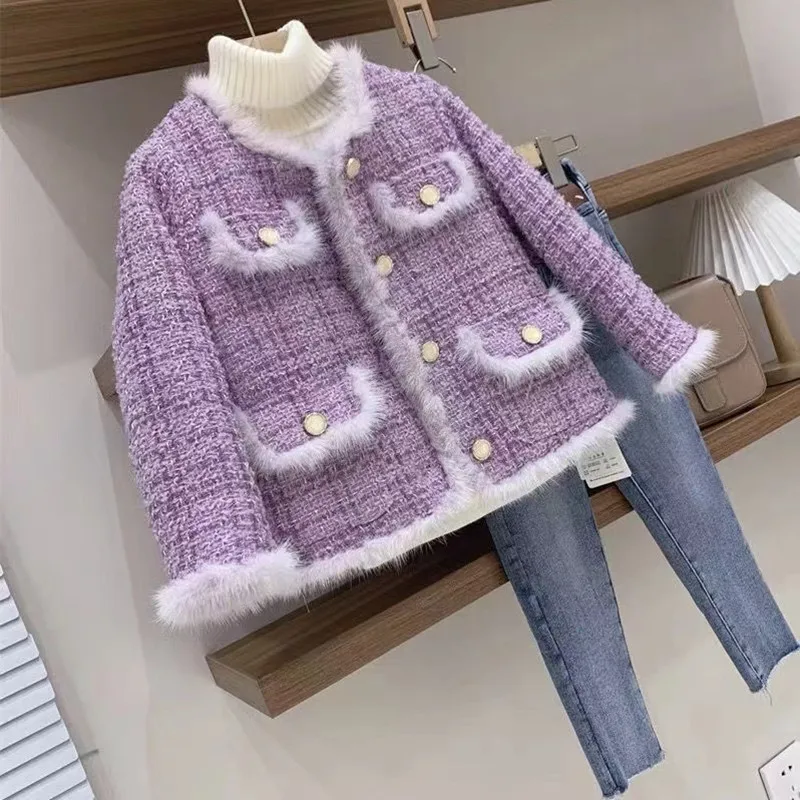 Girls Winter Two Piece Set of Korean Small Fragrant Style Popular Coat Plush Versatile Jeans Medium To Large Children's Set New