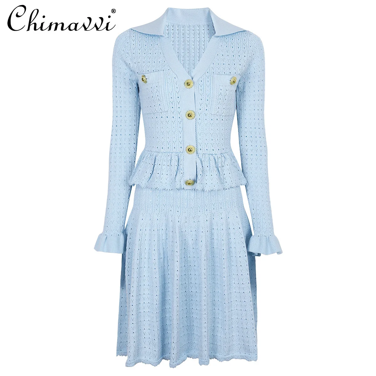 

2025 Autumn New Fashion Knitted Turn-Down Collar Slim Fit Long Sleeve Dress for Women Elegant High Waist Short Feminine Dress