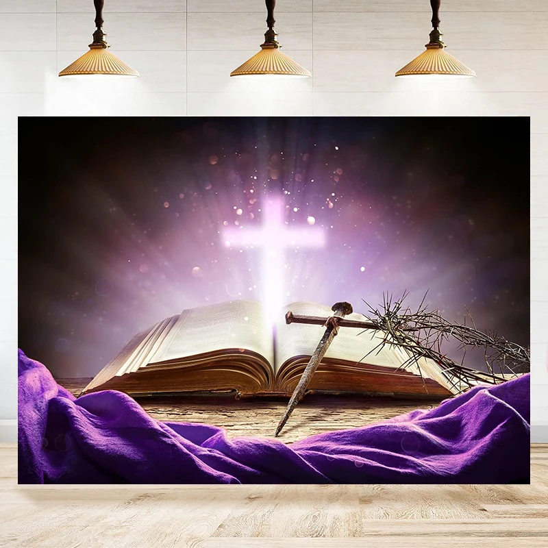 Easter Jesus Christ Photography Backdrop Holy Bible Cross Purple Thorns Belief Background Christian Church Decor Banner