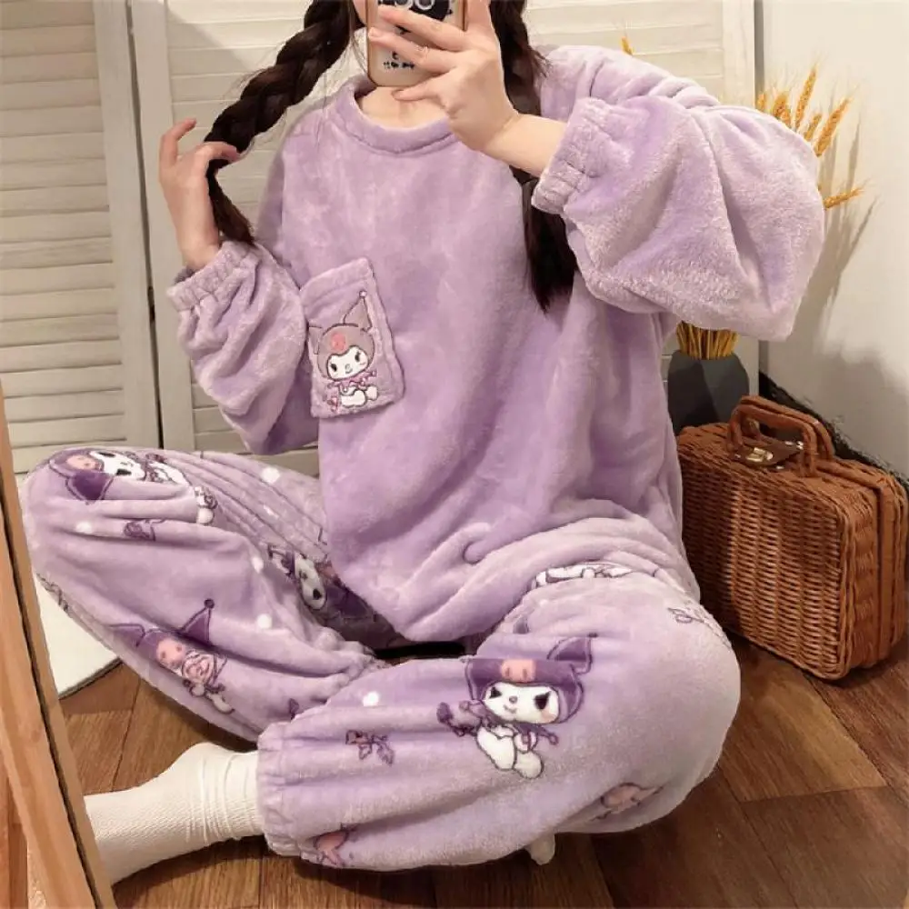 Kawaii Kuromi Cinnamoroll Hello Kitty Women Plush Pajamas Set Sanrioed Autumn Winter Home Clothes New Girl Thicken Cute Cartoon