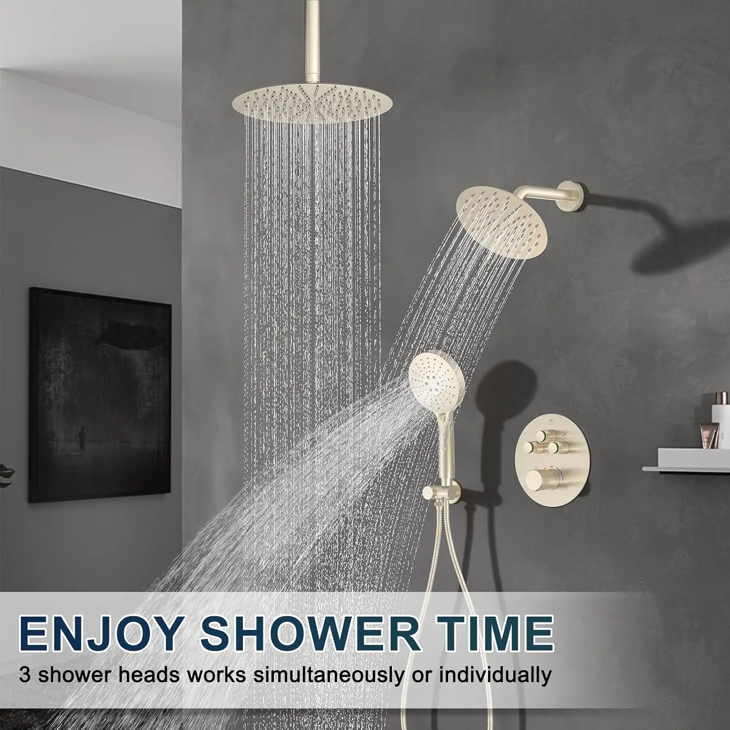 Thermostatic Shower System with Adjustable Water Flow Push Button Diverter Round Dual Shower Heads Faucet Set