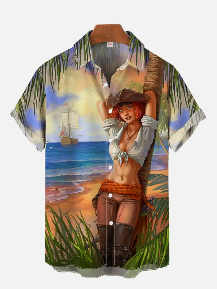 1970S-1980S Vintage Pin Up Girl Poster Hawaiian Beach Cowgirl Printing Short Sleeve Shirt Fashion Hawaiian Shirt For Men Hrajuku