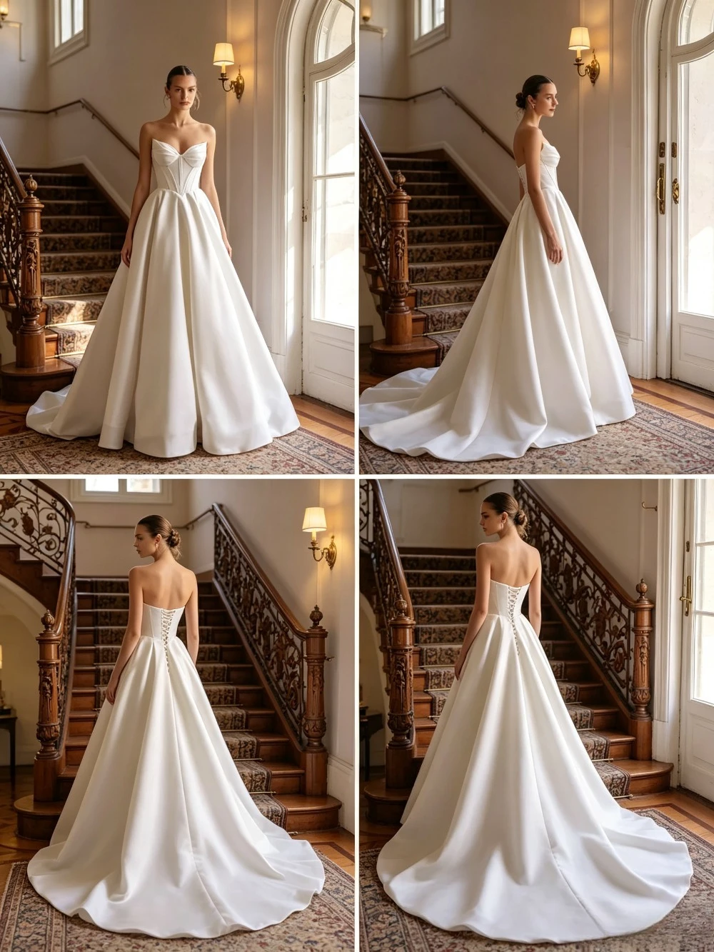 Customized Modern A Line Wedding Dress Strapless Pleated Sweetheart Chapel Train Corset Side Pockets Gloss Satin Bridal Gown