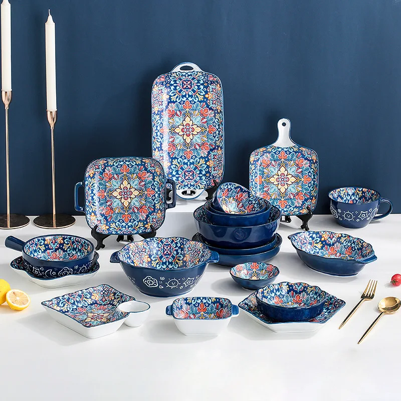 Middle Eastern Bohemian Luxury Fine Ceramic Cutlery Set Bowls and Plates Hand Painted Cutlery Set Wedding Party Plates